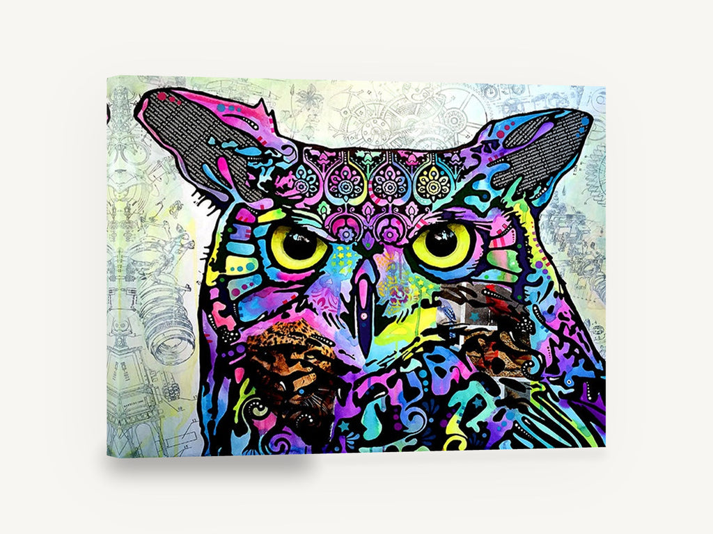 Neon Patchwork Owl, colourful pop art owl illustration, animal canvas wall art print ready to hang