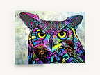 Neon Patchwork Owl, colourful pop art owl illustration, animal canvas wall art print ready to hang