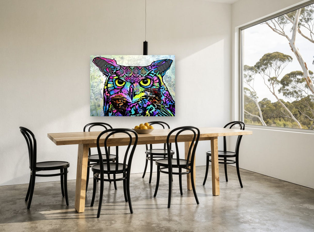 Neon Patchwork Owl animal canvas print on the wall of a dining room