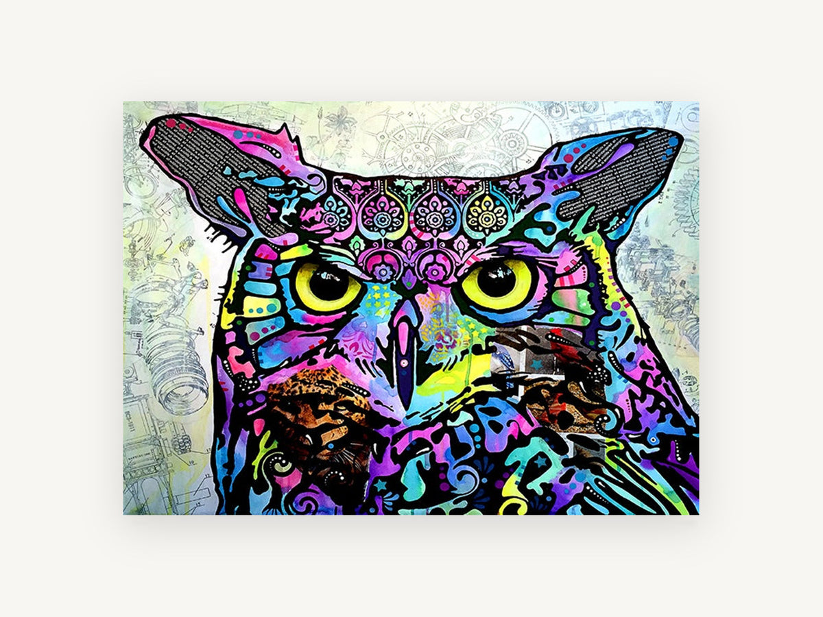 Neon Patchwork Owl, colourful pop art owl illustration, animal canvas wall art print, front view