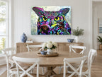 Neon Patchwork Owl animal canvas print on the wall of a Hamptons dining room