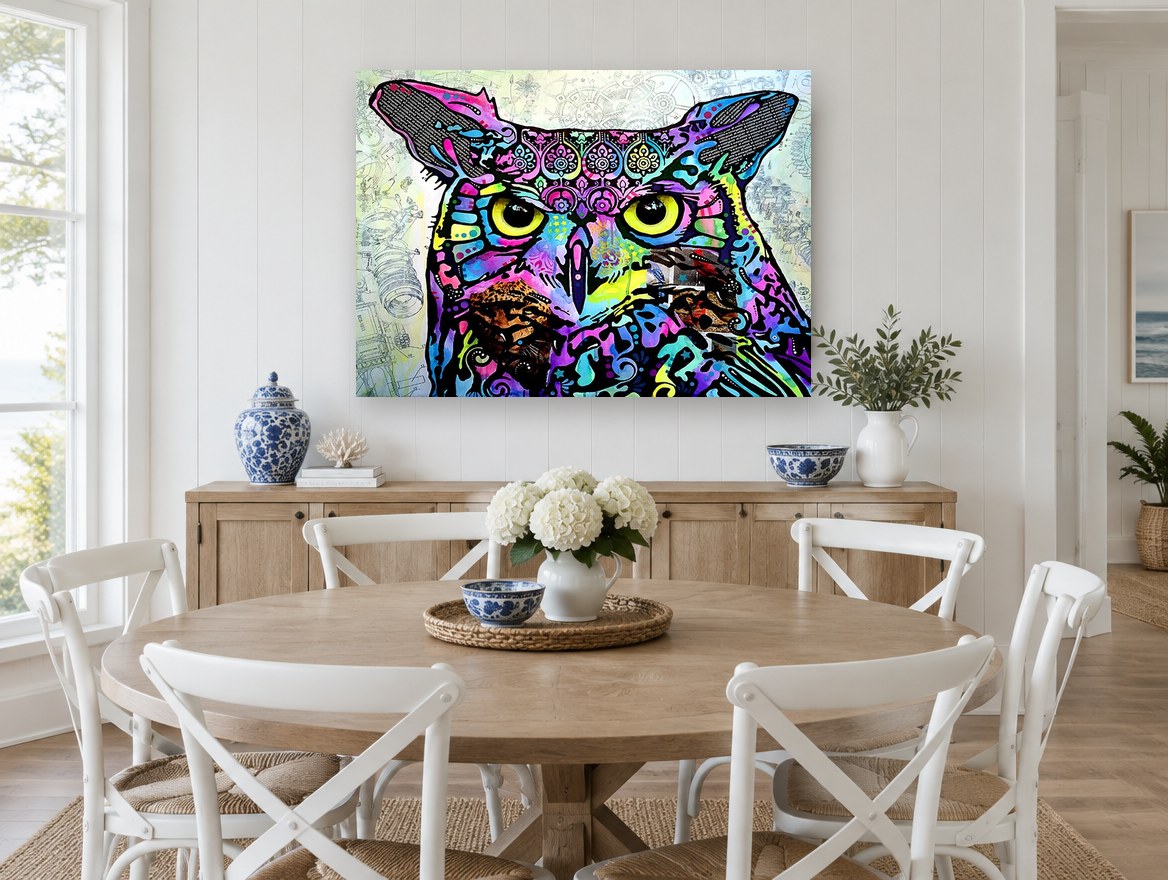 Neon Patchwork Owl animal canvas print on the wall of a Hamptons dining room
