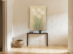 Pale Daffodils on Parchment floral canvas print on the wall of a hallway