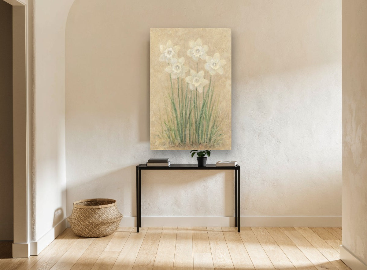 Pale Daffodils on Parchment floral canvas print on the wall of a hallway