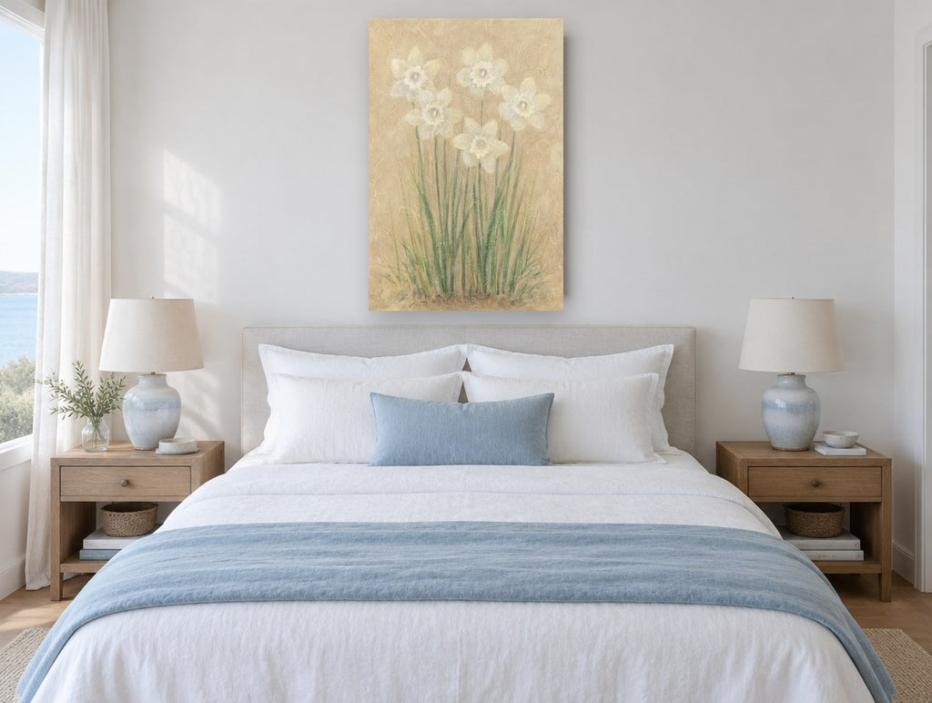Pale Daffodils on Parchment floral canvas print on the wall of a coastal bedroom