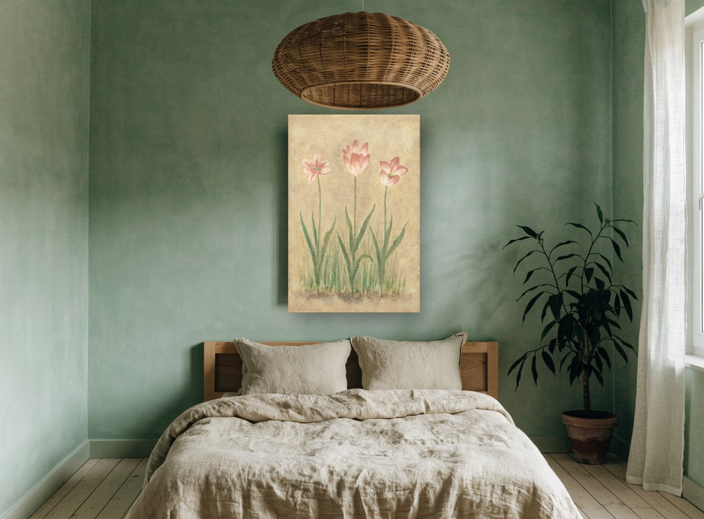 Three Pink Tulips floral canvas print on the wall of a bedroom