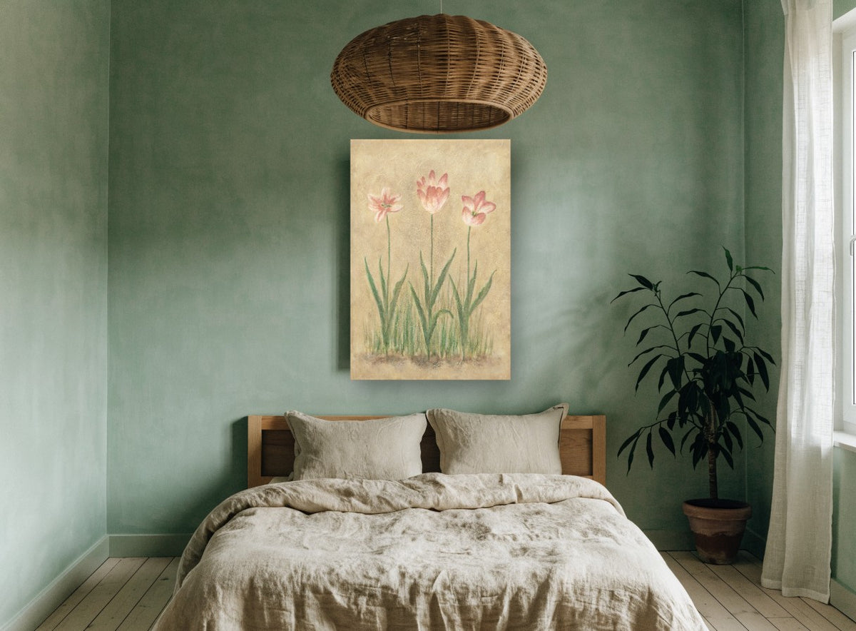 Three Pink Tulips floral canvas print on the wall of a bedroom
