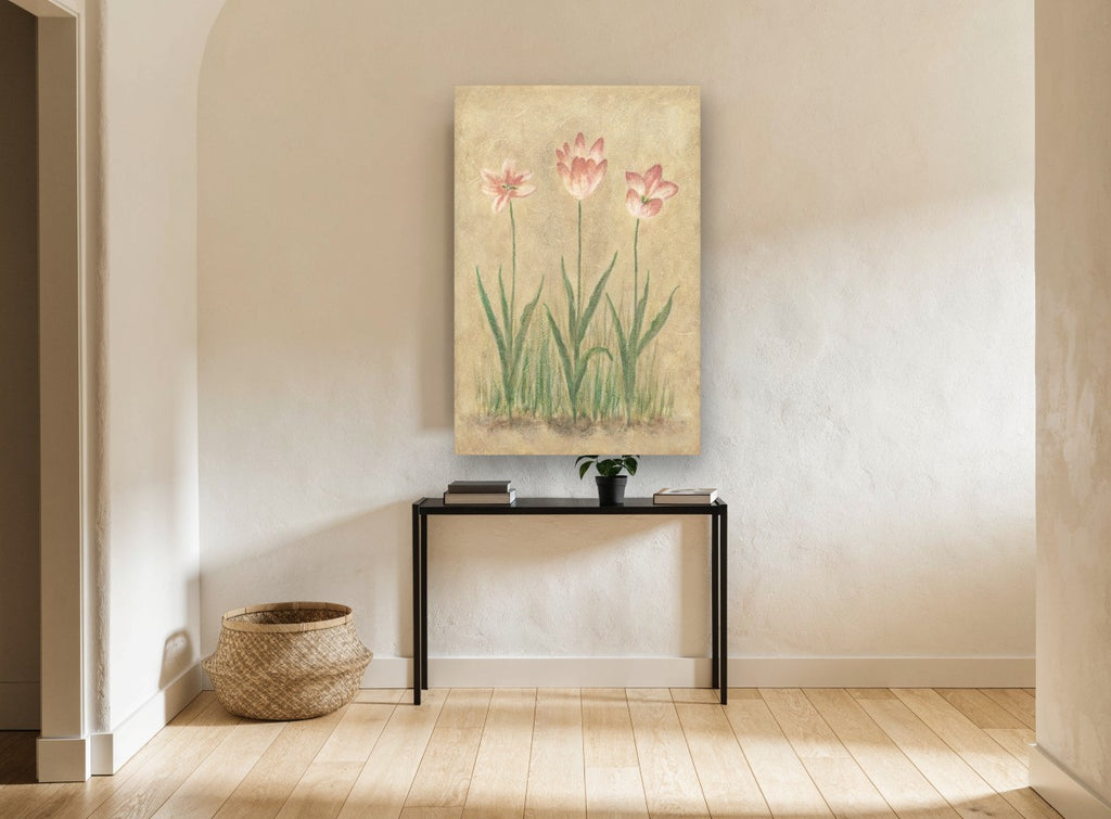 Three Pink Tulips floral canvas print on the wall of a hallway