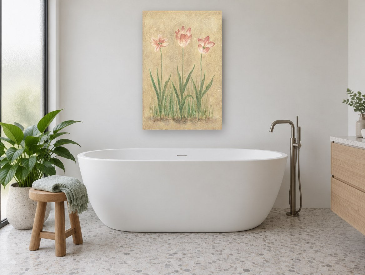 Three Pink Tulips floral canvas print on the wall of a bathroom