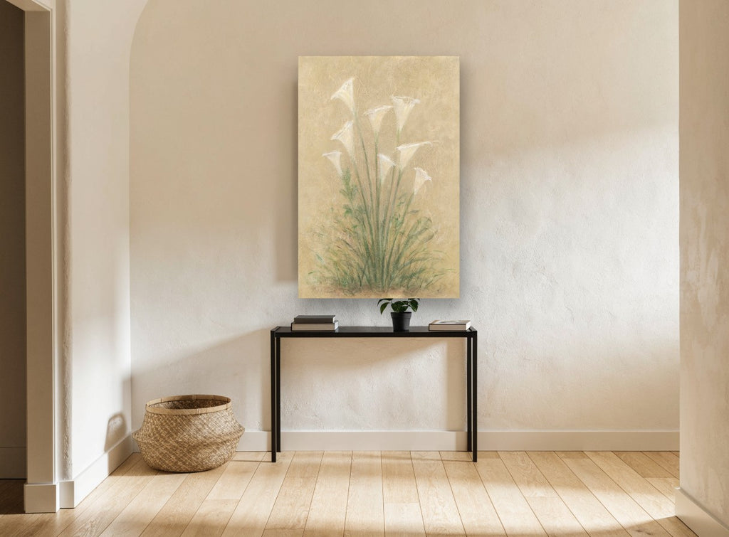Calla Lily Cluster floral canvas print on the wall of a hallway