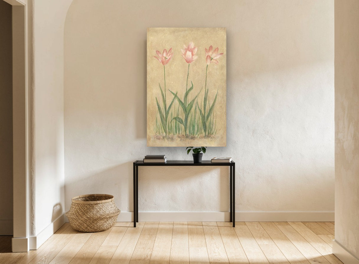 Blushing Tulip Trio floral canvas print on the wall of a hallway