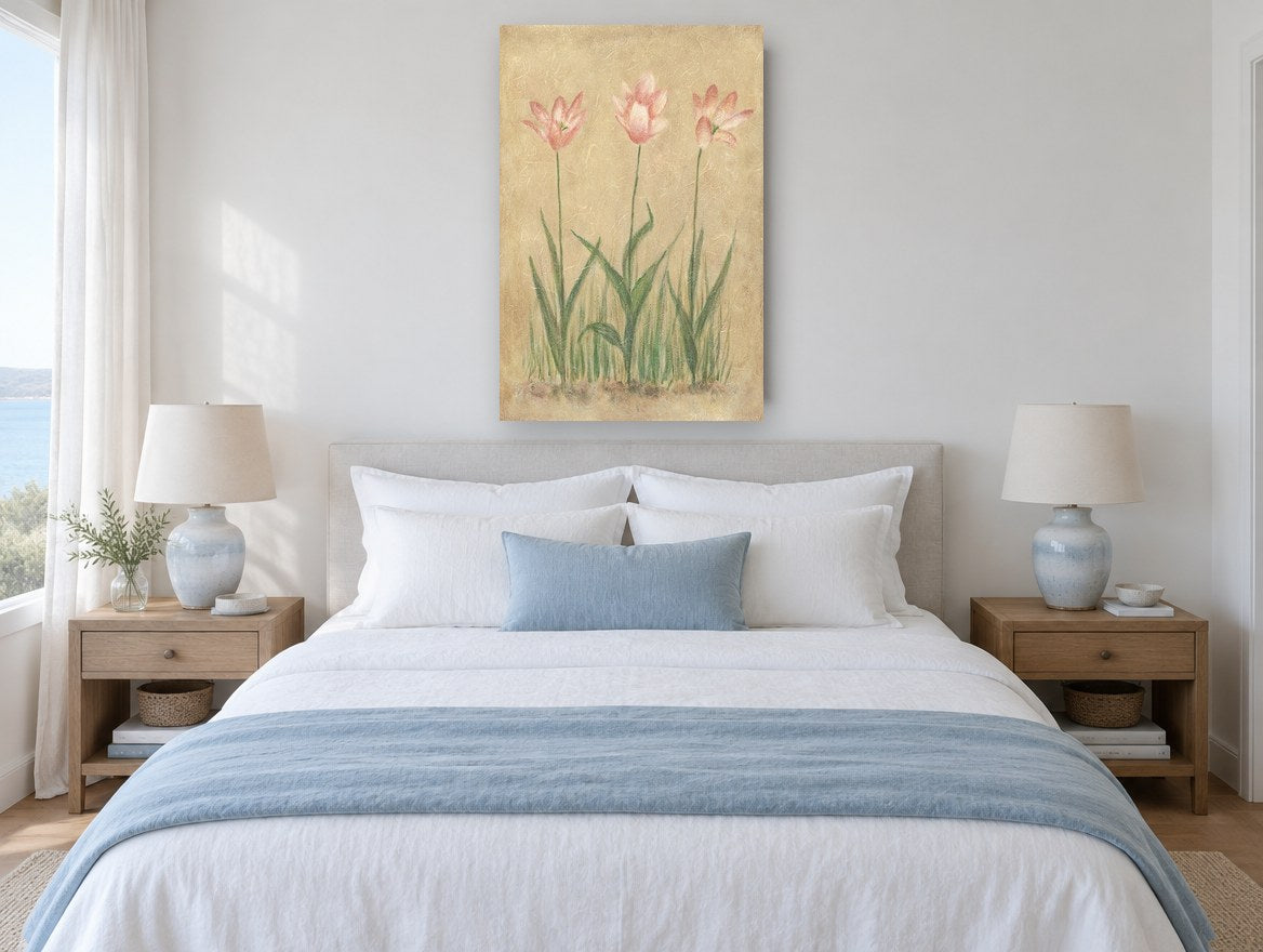 Blushing Tulip Trio floral canvas print on the wall of a coastal bedroom