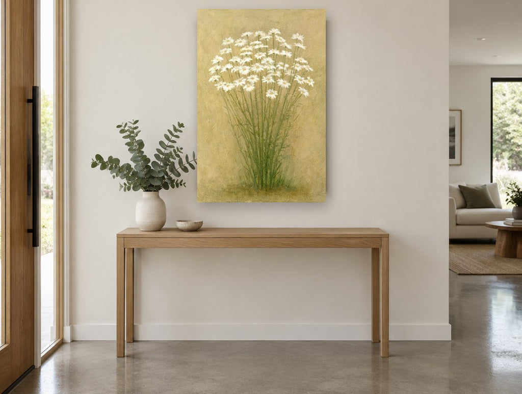 Daisy Cluster on Gold floral canvas print on the wall of a entry hall