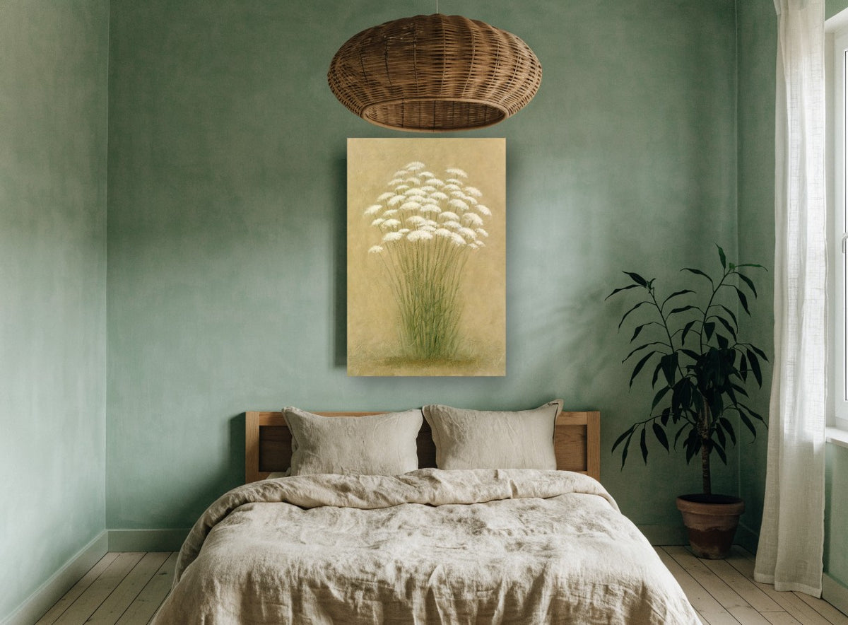Queen Anne's Lace Cluster floral canvas print on the wall of a bedroom