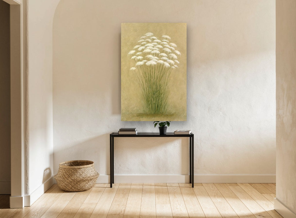 Queen Anne's Lace Cluster floral canvas print on the wall of a hallway