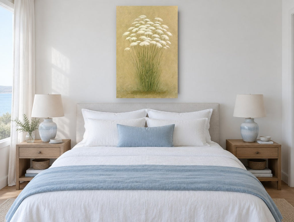 Queen Anne's Lace Cluster floral canvas print on the wall of a coastal bedroom