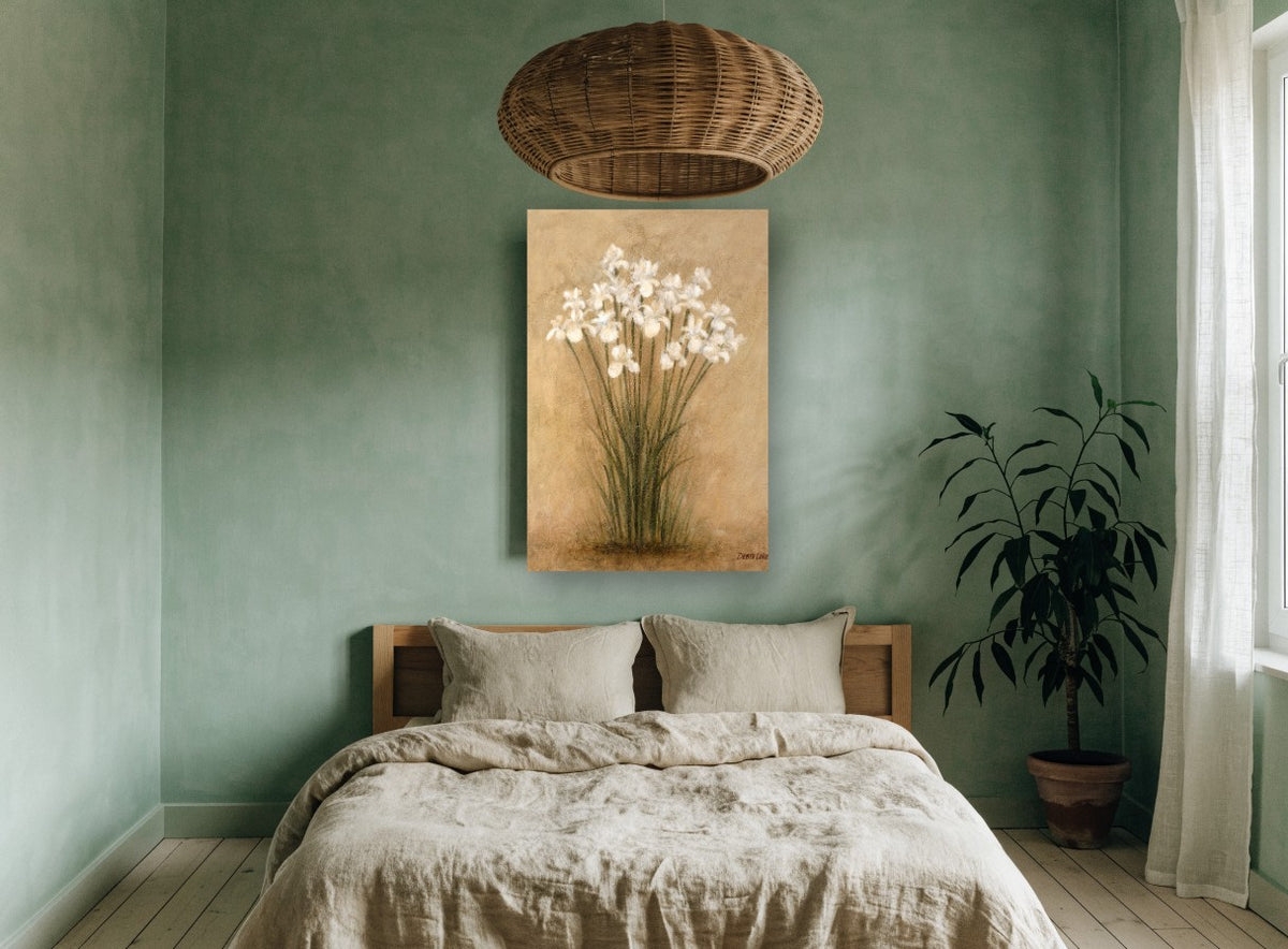 White Irises on Parchment floral canvas print on the wall of a bedroom