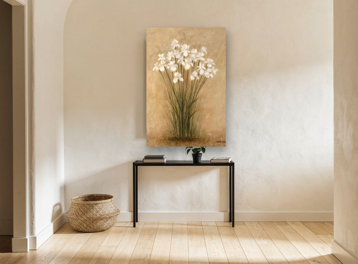 White Irises on Parchment floral canvas print on the wall of a hallway