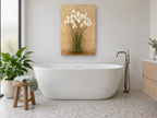 White Irises on Parchment floral canvas print on the wall of a bathroom