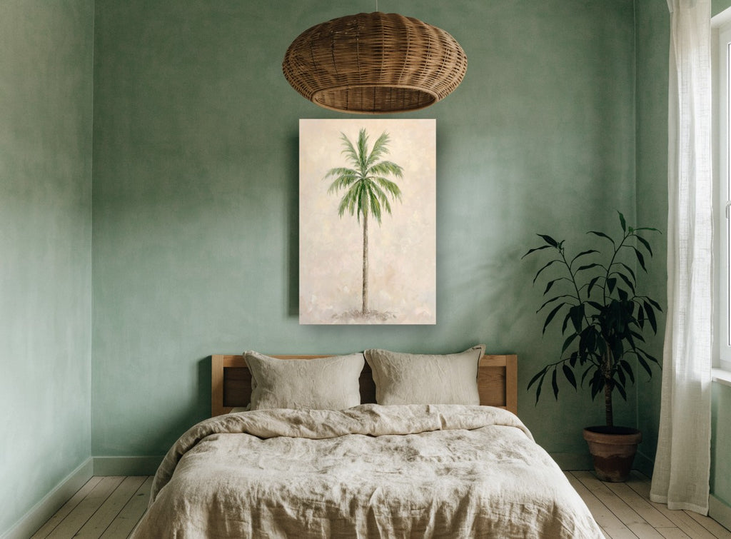 Lone Palm in Cream floral canvas print on the wall of a bedroom
