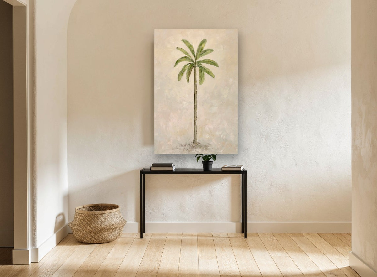 Lone Palm on Cream floral canvas print on the wall of a hallway