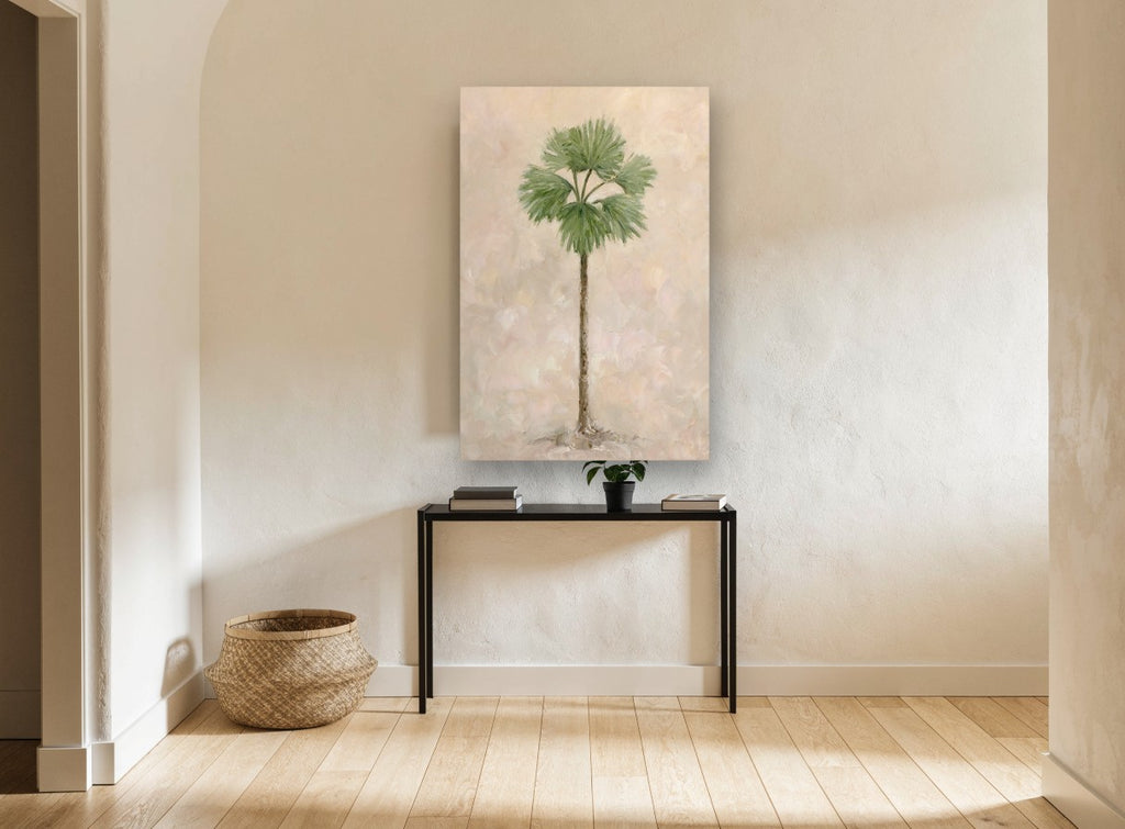 Lone Fan Palm floral canvas print on the wall of a hallway