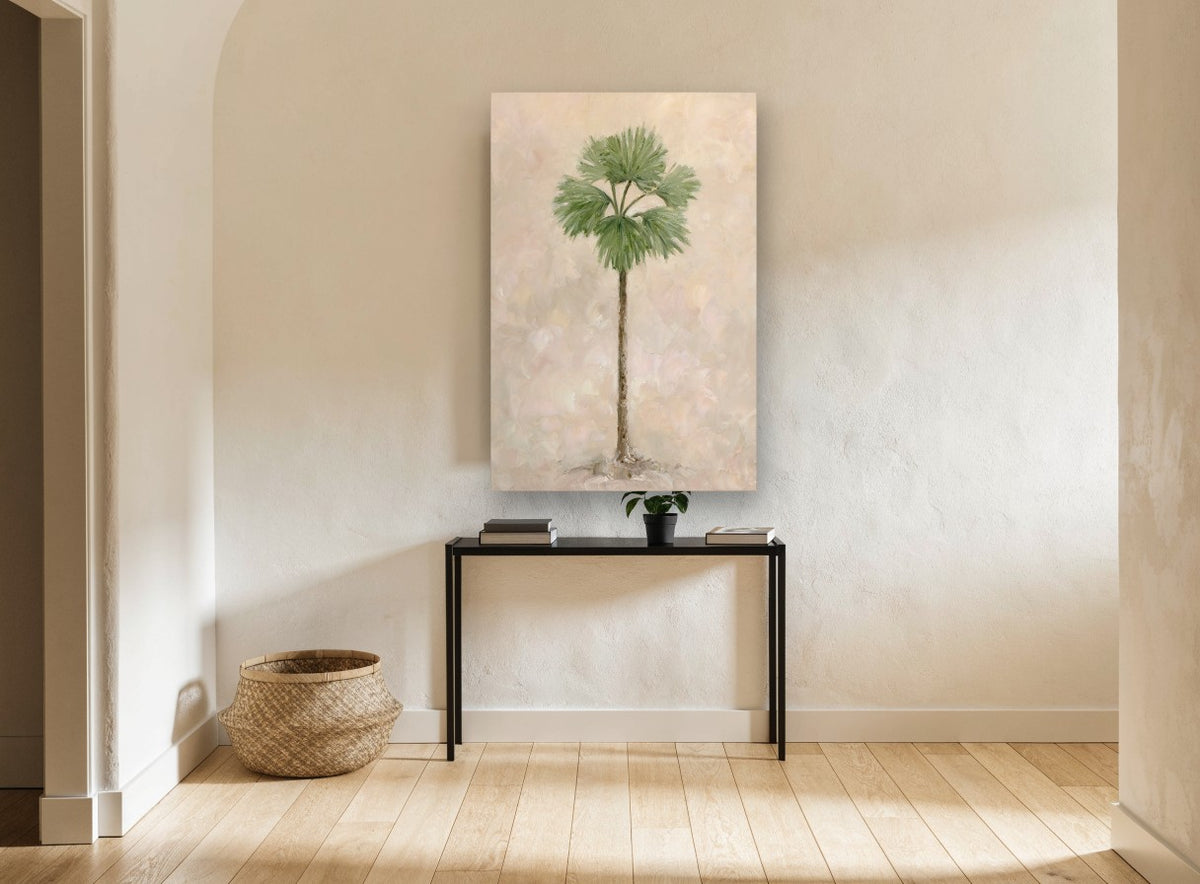 Lone Fan Palm floral canvas print on the wall of a hallway