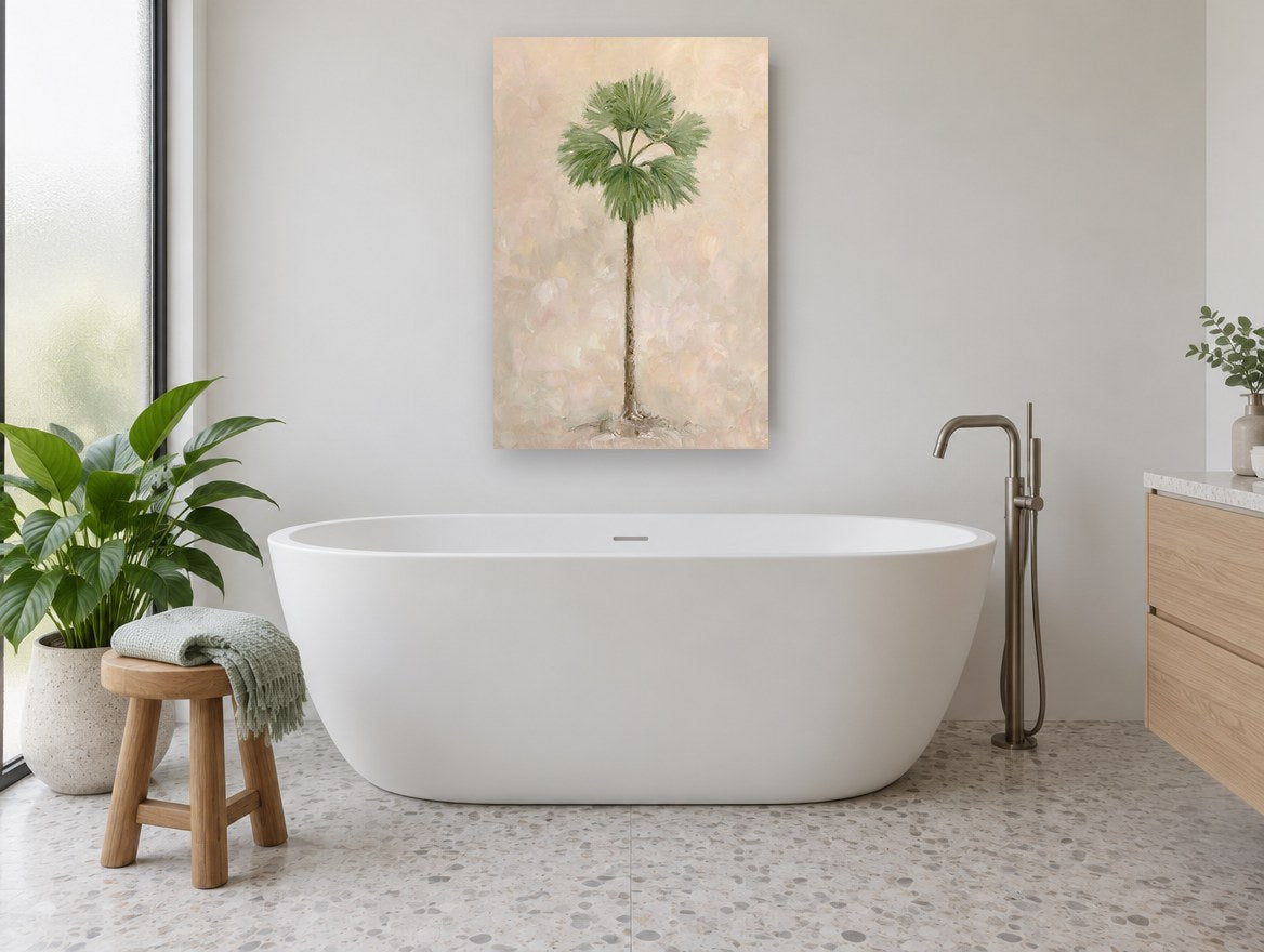 Lone Fan Palm floral canvas print on the wall of a bathroom