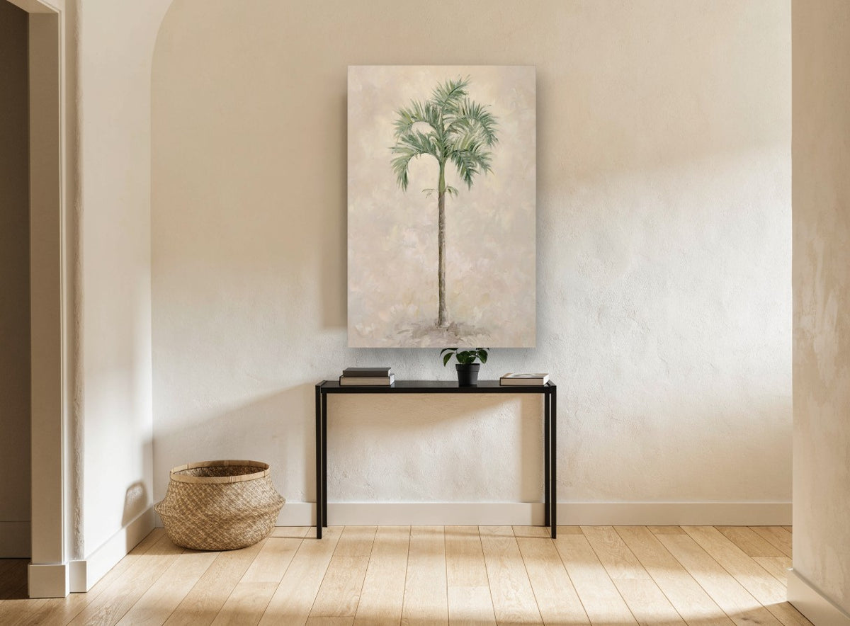 Lone Palm on Cream floral canvas print on the wall of a hallway