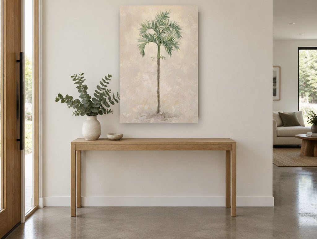 Lone Palm on Cream floral canvas print on the wall of a entry hall