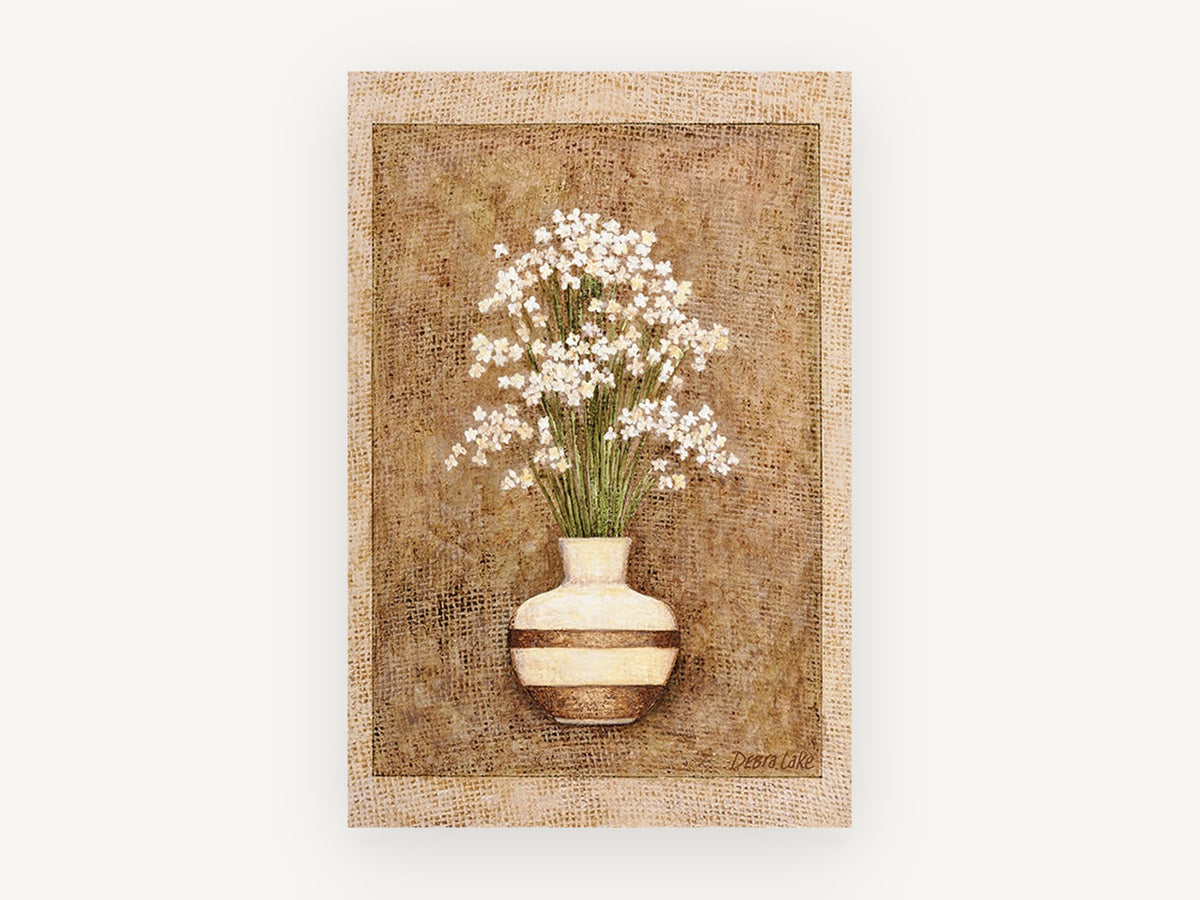 White Blooms in Banded Vase, floral canvas wall art print, front view