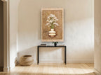 White Blooms in Banded Vase floral canvas print on the wall of a hallway
