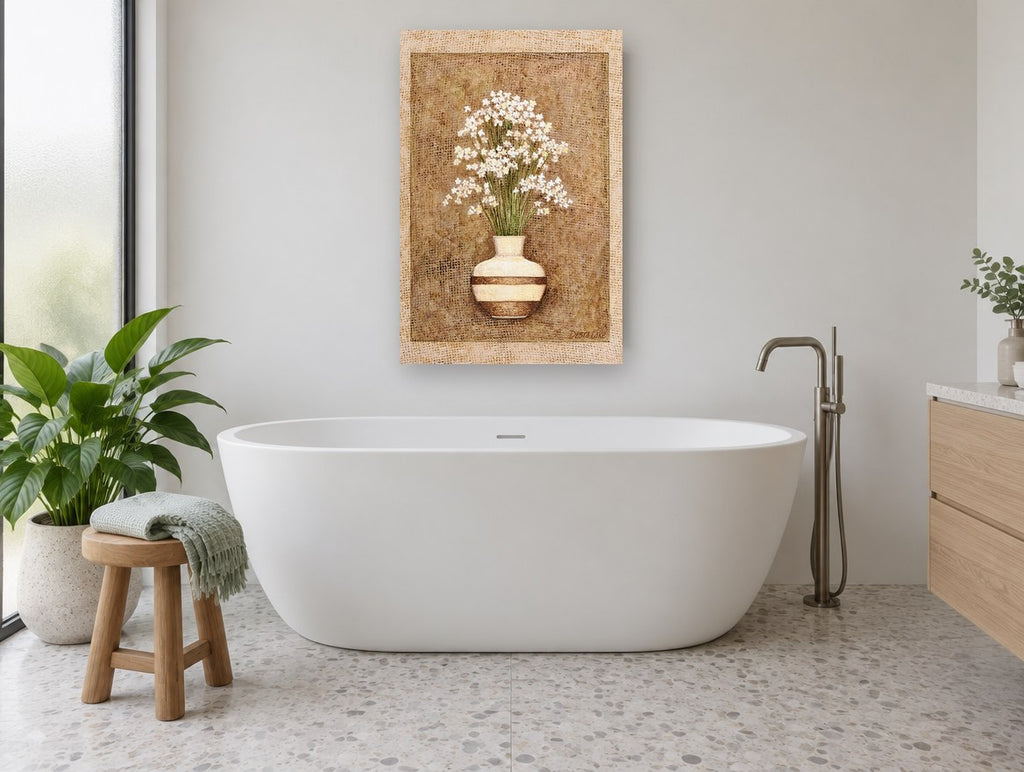 White Blooms in Banded Vase floral canvas print on the wall of a bathroom