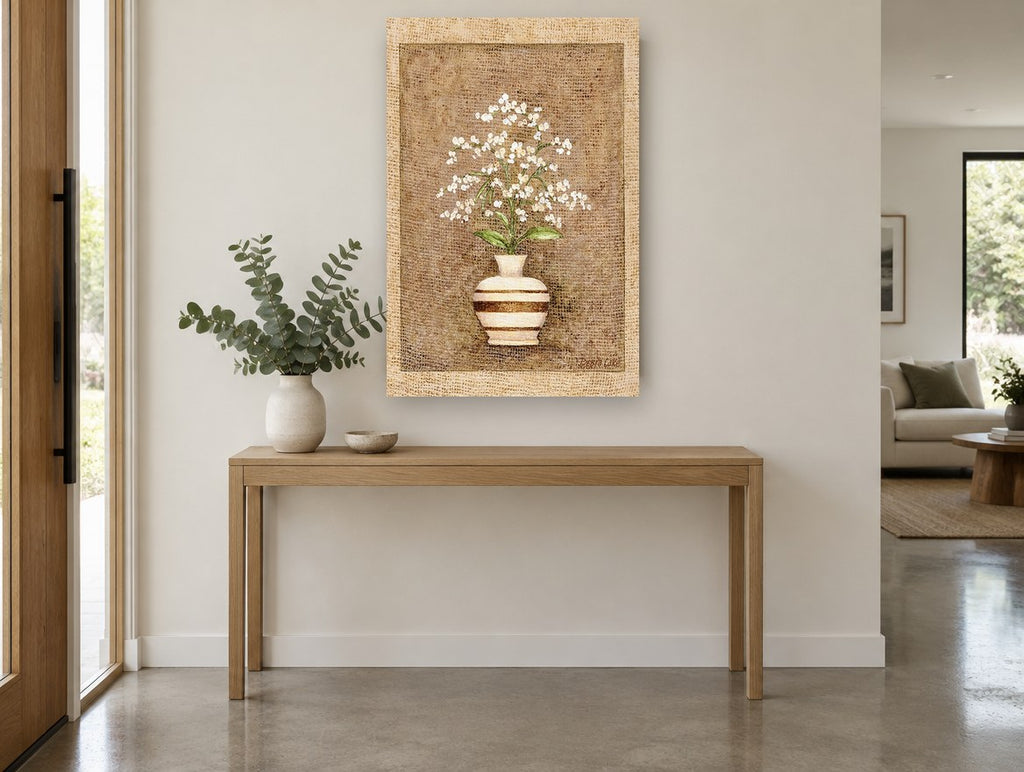 Striped Vase Baby's Breath floral canvas print on the wall of a entry hall