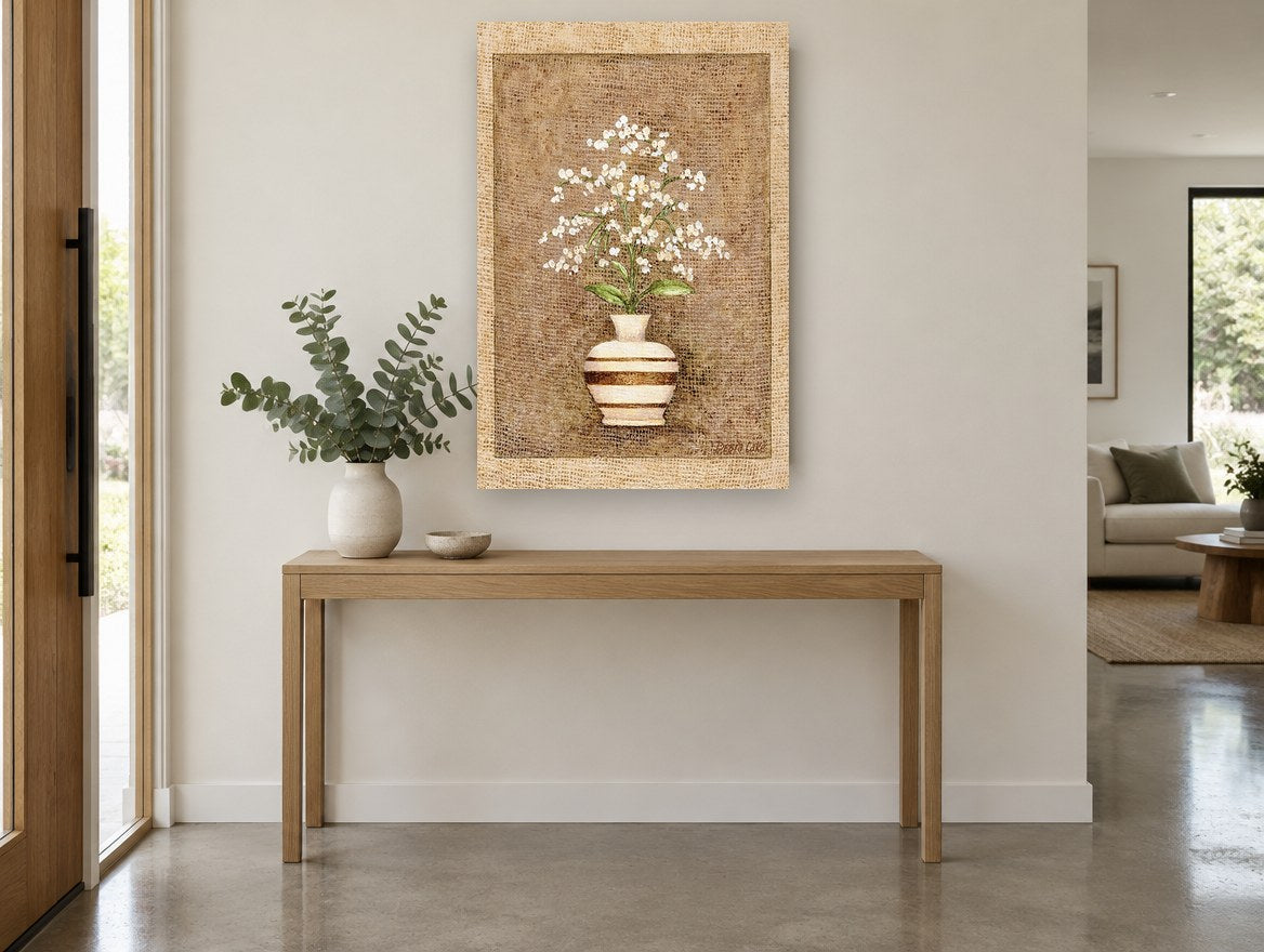 Striped Vase Baby's Breath floral canvas print on the wall of a entry hall