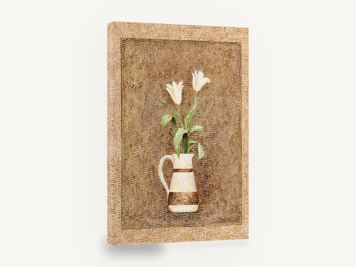 Two Tulips in Cream Jug, white tulips in cream jug still life, floral canvas wall art print ready to hang