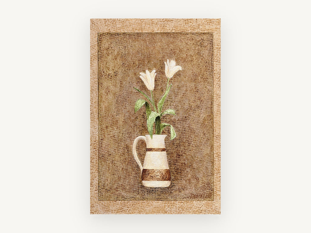 Two Tulips in Cream Jug, floral canvas wall art print, front view