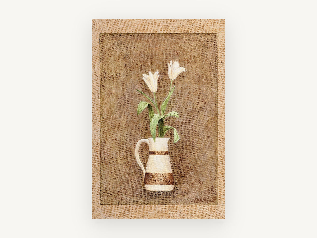 Two Tulips in Cream Jug, floral canvas wall art print, front view