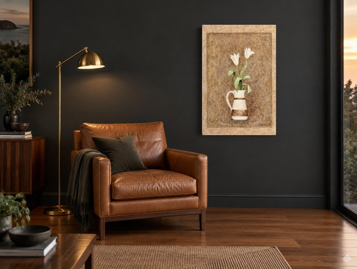 Two Tulips in Cream Jug floral canvas print on the wall of a charcoal living room