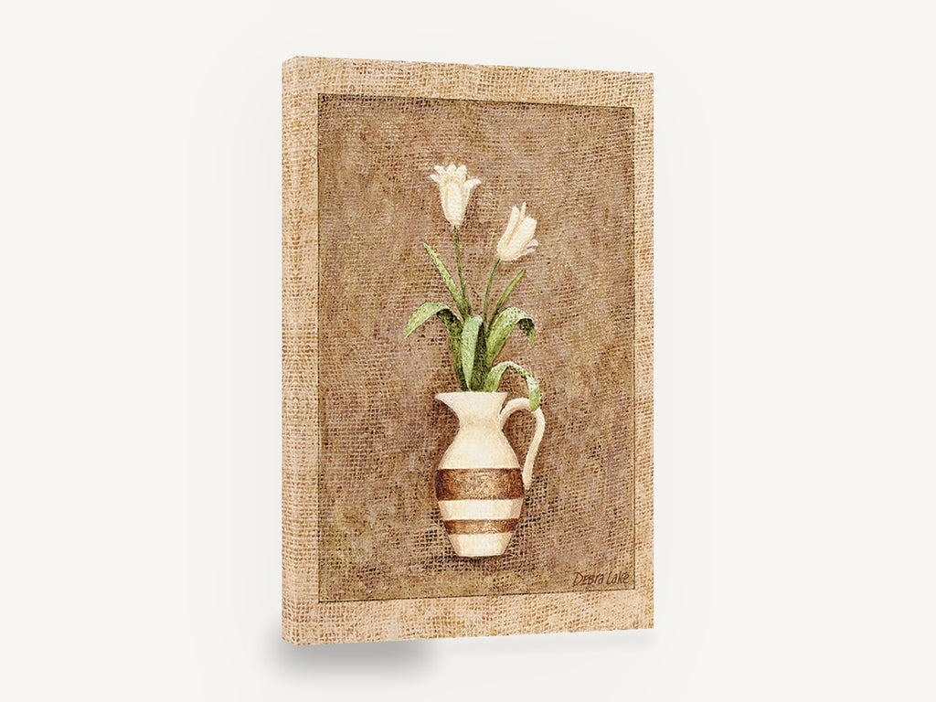Cream Tulips in Striped Jug, white tulips striped jug still life, floral canvas wall art print ready to hang