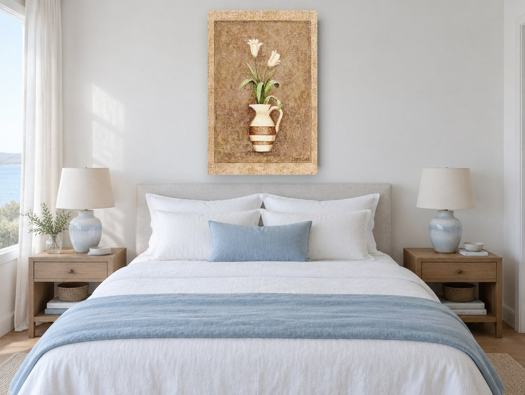 Cream Tulips in Striped Jug floral canvas print on the wall of a coastal bedroom