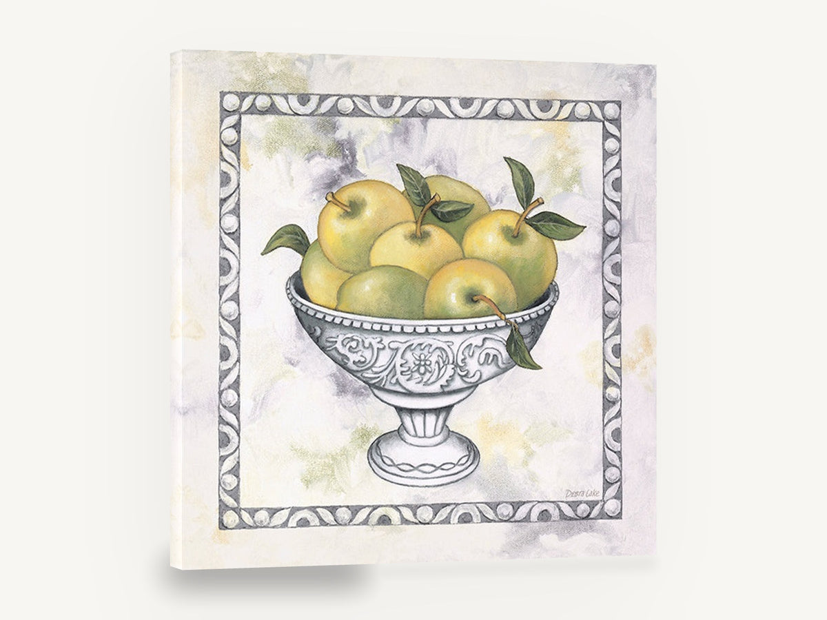 Green Apples in Silver, green apples silver bowl still life, floral canvas wall art print ready to hang