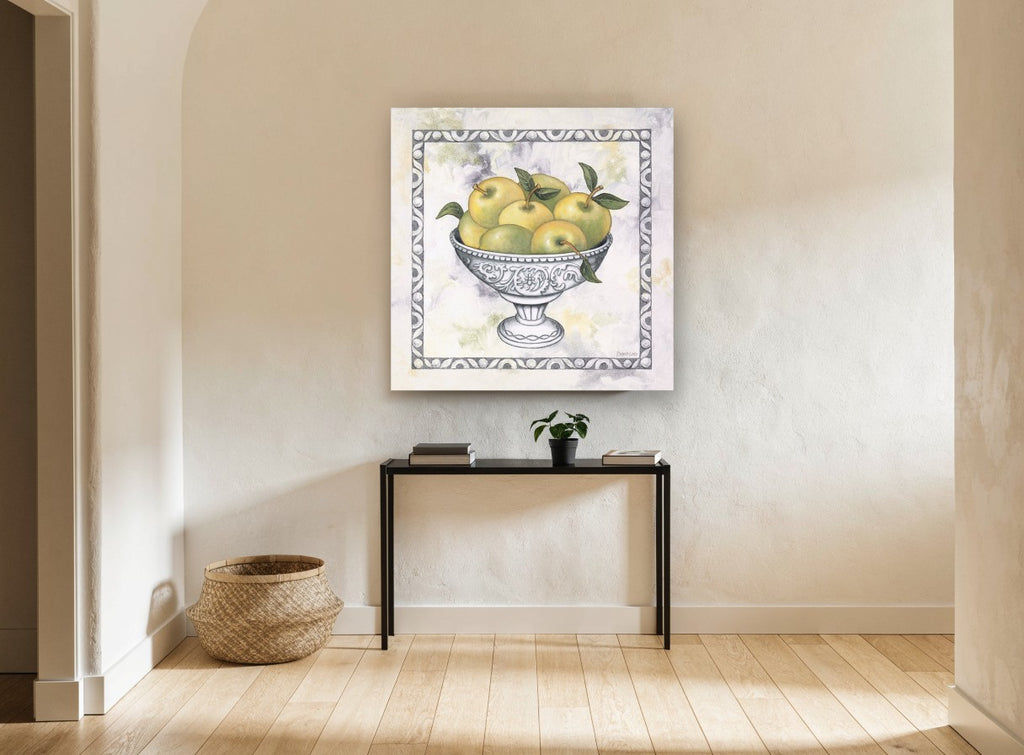 Green Apples in Silver floral canvas print on the wall of a hallway