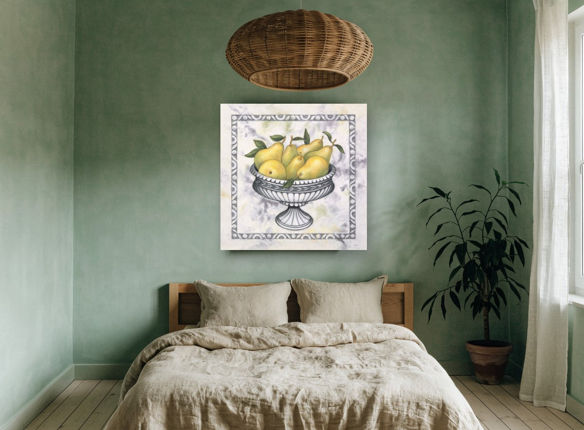 Pears in Silver Pedestal floral canvas print on the wall of a bedroom