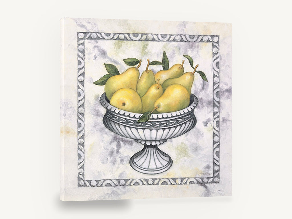 Pears in Silver Pedestal, yellow pears in silver bowl still life, floral canvas wall art print ready to hang