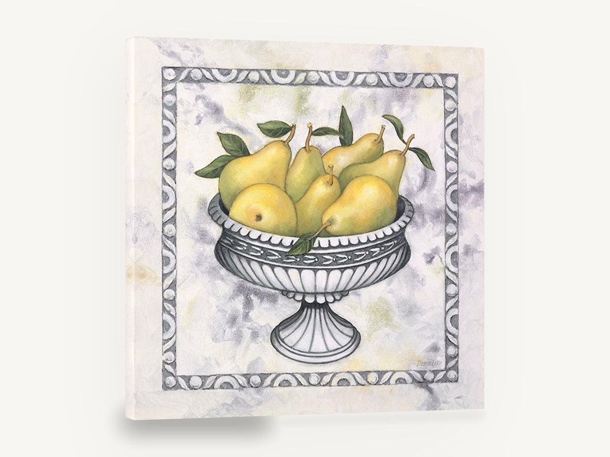 Pears in Silver Pedestal, yellow pears in silver bowl still life, floral canvas wall art print ready to hang
