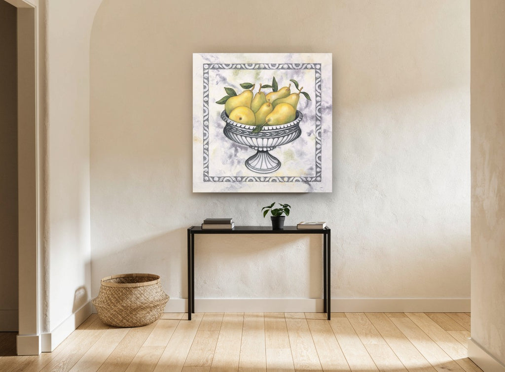 Pears in Silver Pedestal floral canvas print on the wall of a hallway