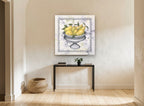 Pears in Silver Pedestal floral canvas print on the wall of a hallway