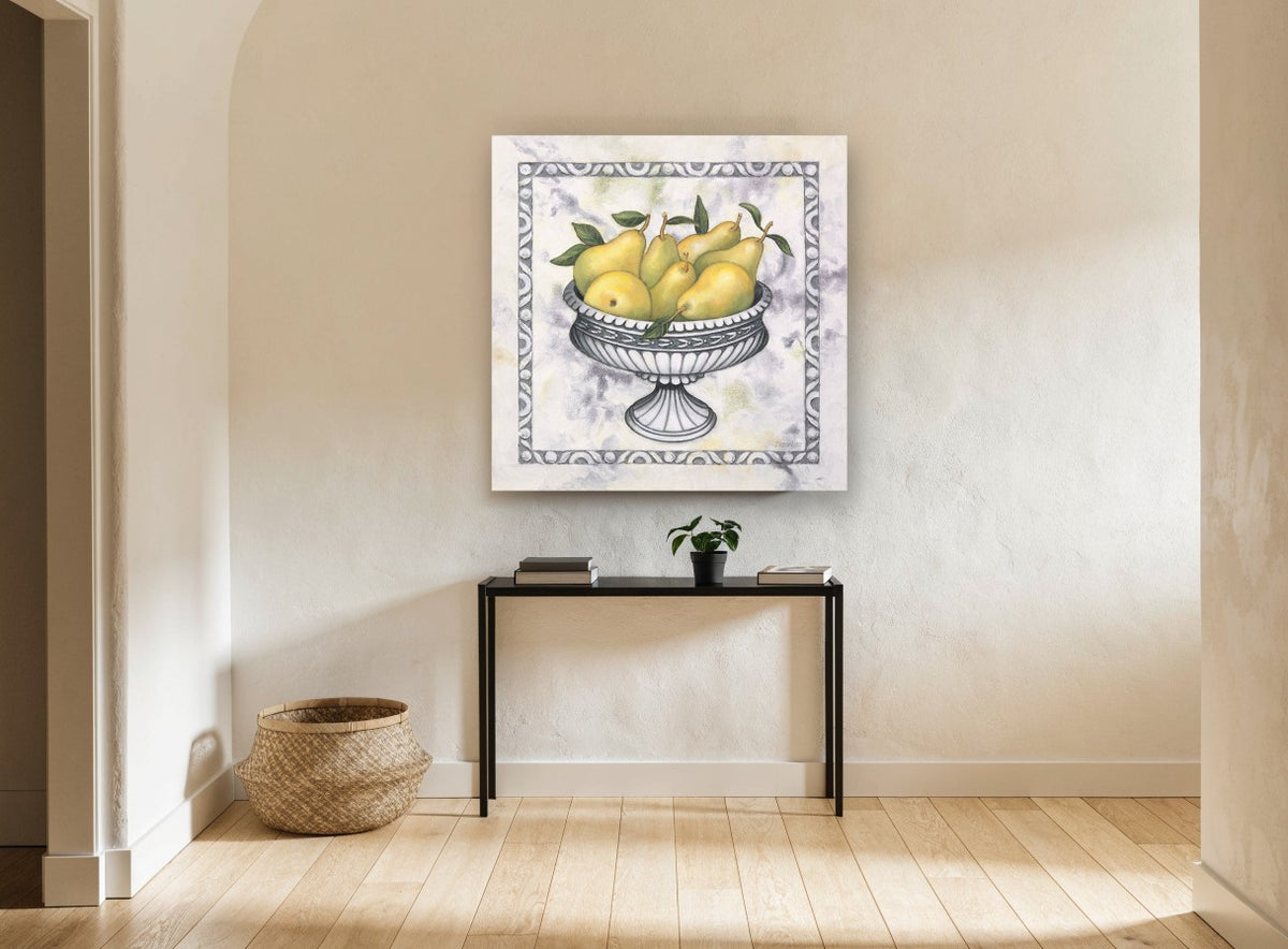 Pears in Silver Pedestal floral canvas print on the wall of a hallway