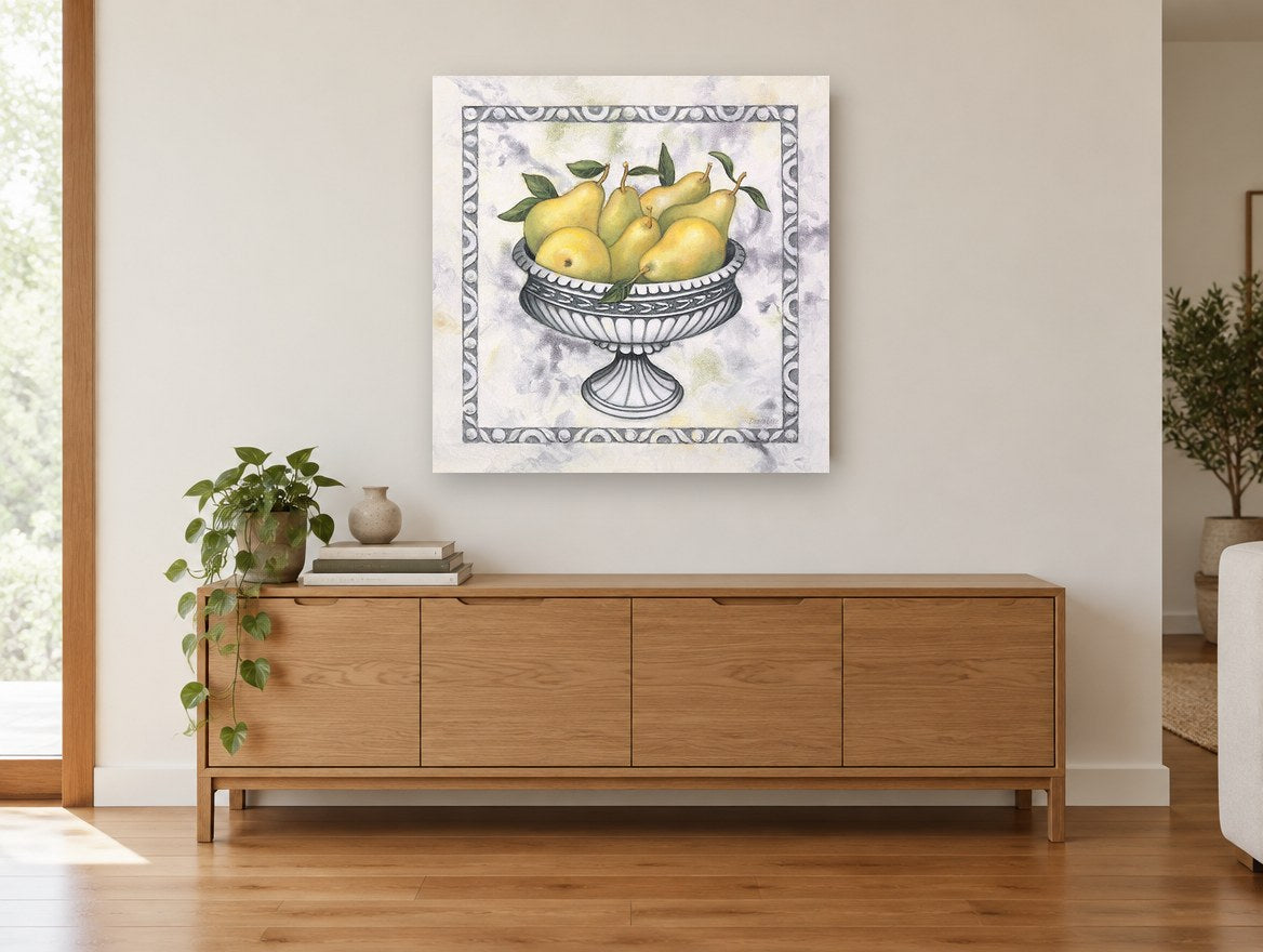 Pears in Silver Pedestal floral canvas print on the wall of a living room above a sideboard